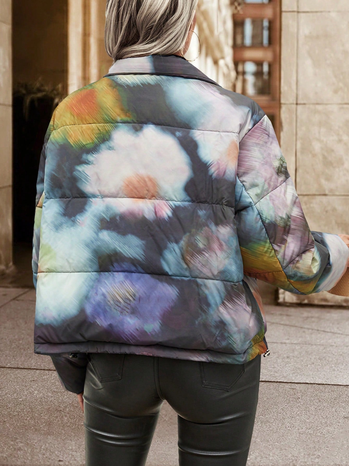 SHEIN LUNE Tie Dye Drop Shoulder Zipper Padded Coat Fall Cloth For Women