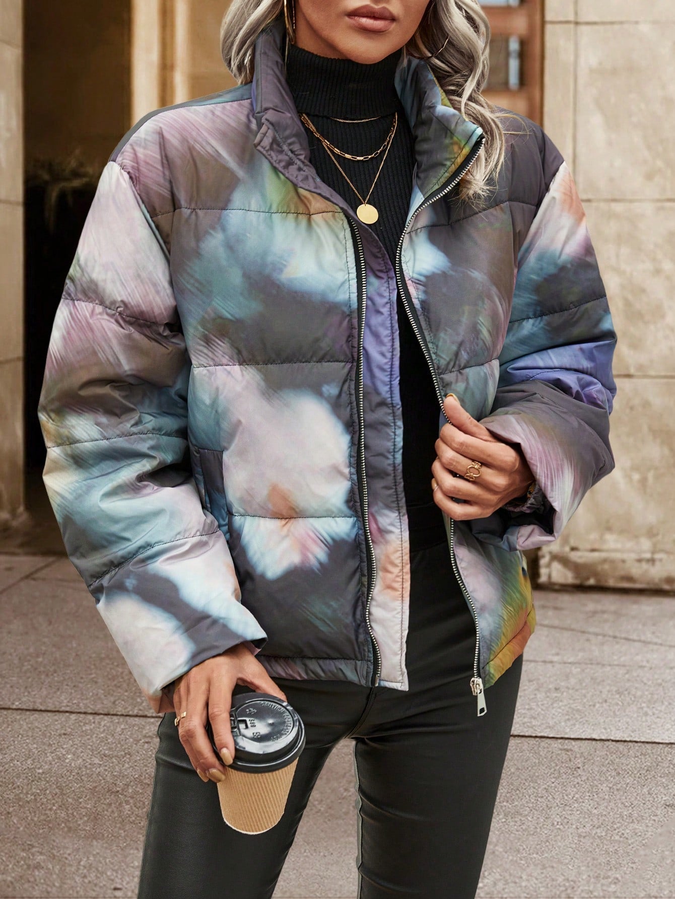 SHEIN LUNE Tie Dye Drop Shoulder Zipper Padded Coat Fall Cloth For Women