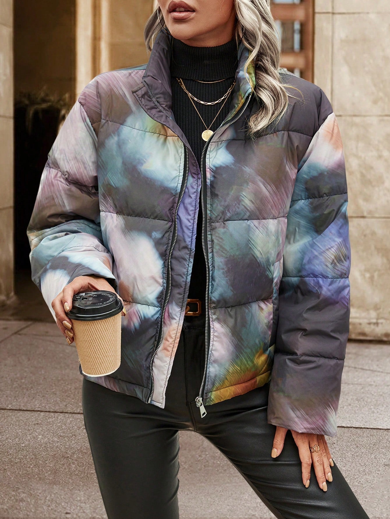 SHEIN LUNE Tie Dye Drop Shoulder Zipper Padded Coat Fall Cloth For Women