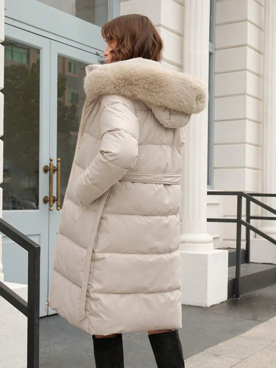 Anewsta Women's Fashionable Casual Coffee Color Long Cinched Waist Waist Hooded Detachable Faux Fur Collar Zip-Up Padded Coat