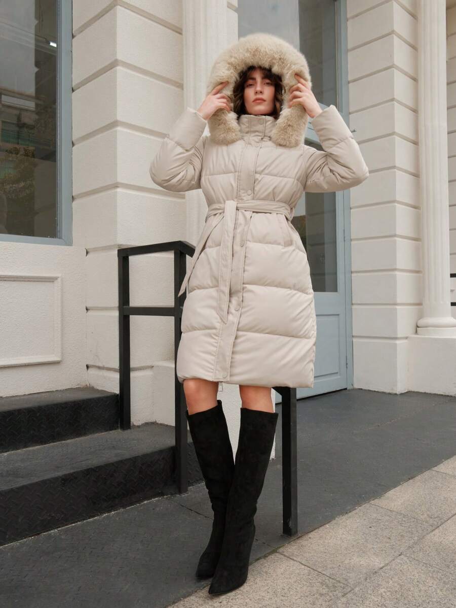 Anewsta Women's Fashionable Casual Coffee Color Long Cinched Waist Waist Hooded Detachable Faux Fur Collar Zip-Up Padded Coat
