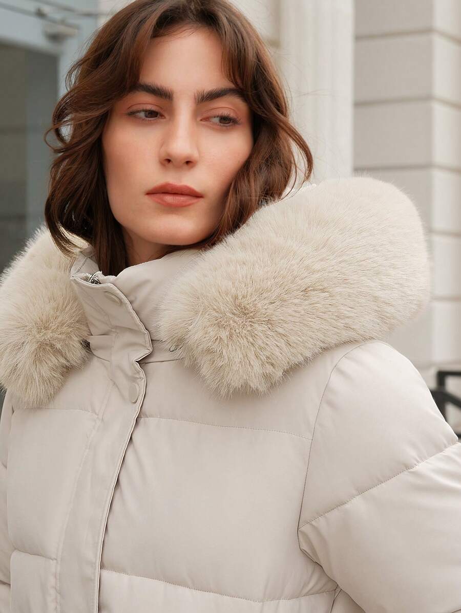 Anewsta Women's Fashionable Casual Coffee Color Long Cinched Waist Waist Hooded Detachable Faux Fur Collar Zip-Up Padded Coat