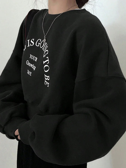 DAZY Embroidery Letter Pattern Drop Shoulder Oversized Pullover, Long Sleeve Tops Sweatshirt