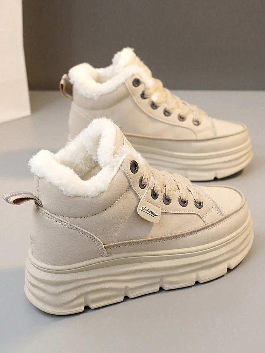 Women's Winter High-Top Sports Shoes - Thick Thermal Lined, Anti-Slip Thick Soles, Fashionable Geometric Pattern Design, Lace-Up Closure, Sneakers For Women