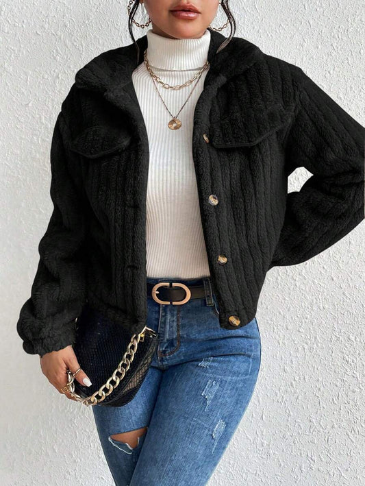 Elenzga Women's Plain Color Long Sleeve Single-Breasted Fluffy Short Casual Jacket, Autumn/Winter Fall Cloth For Women
