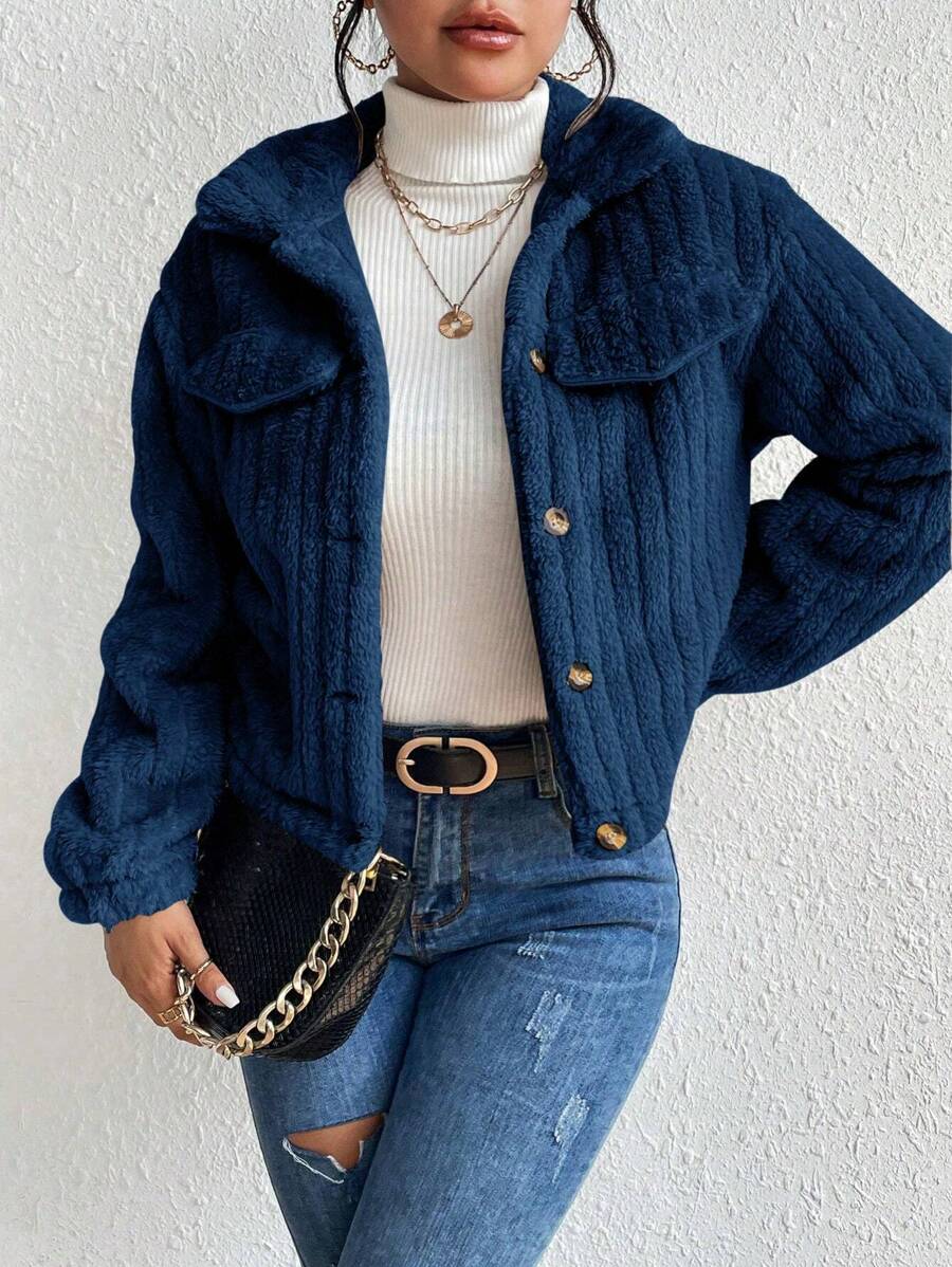EMERY ROSE Flap Detail Fluffy Jacket Fall Winter Cloth For Women