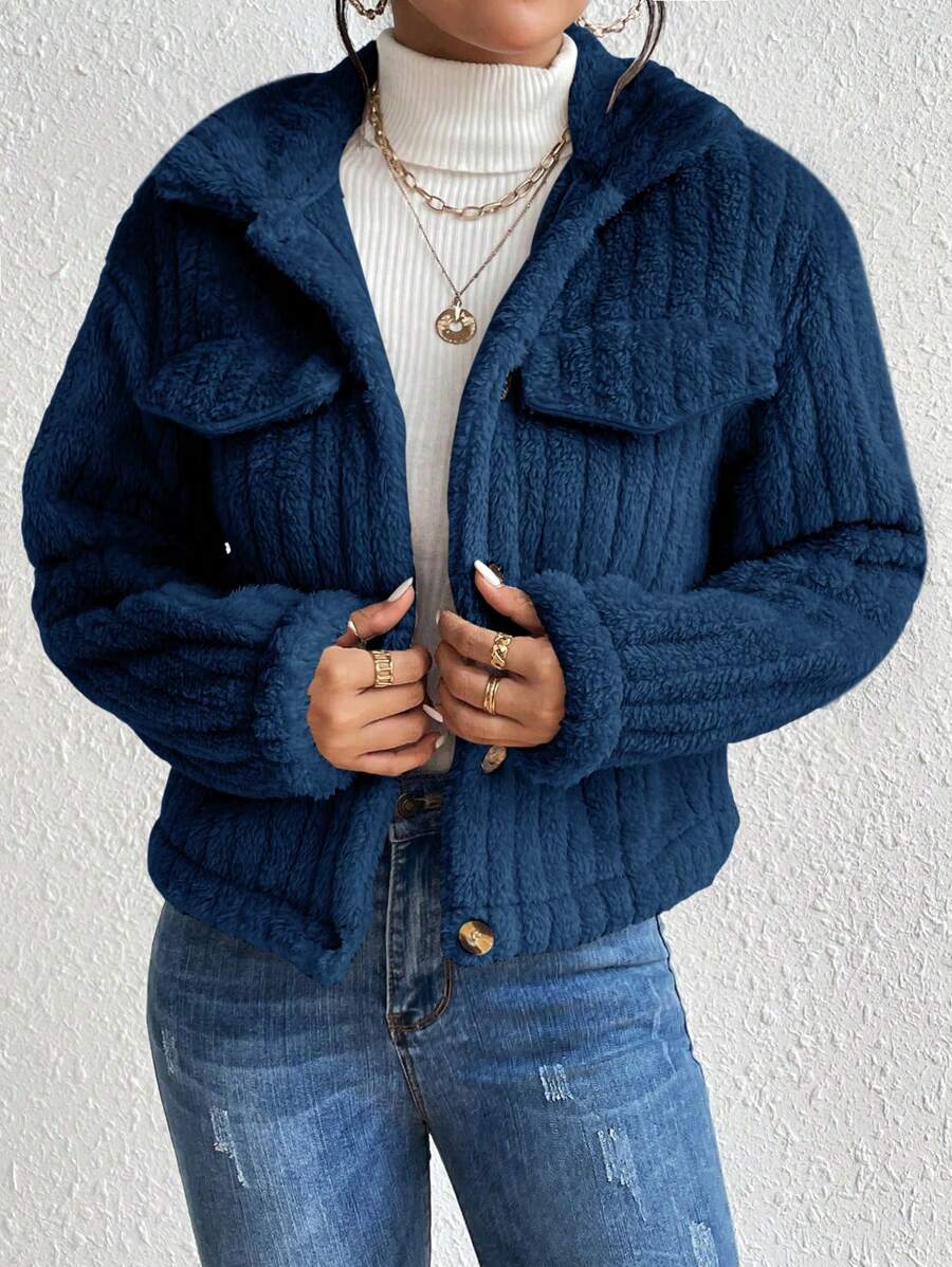 EMERY ROSE Flap Detail Fluffy Jacket Fall Winter Cloth For Women