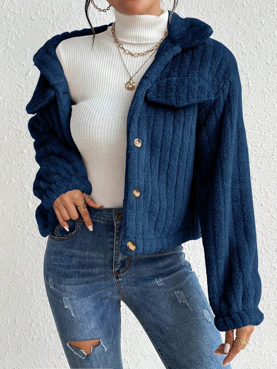 EMERY ROSE Flap Detail Fluffy Jacket Fall Winter Cloth For Women