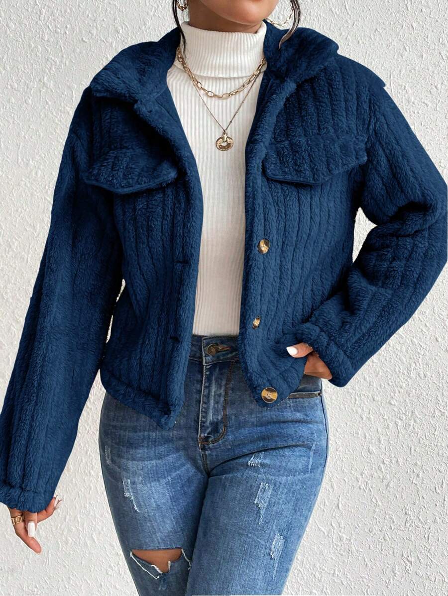 EMERY ROSE Flap Detail Fluffy Jacket Fall Winter Cloth For Women