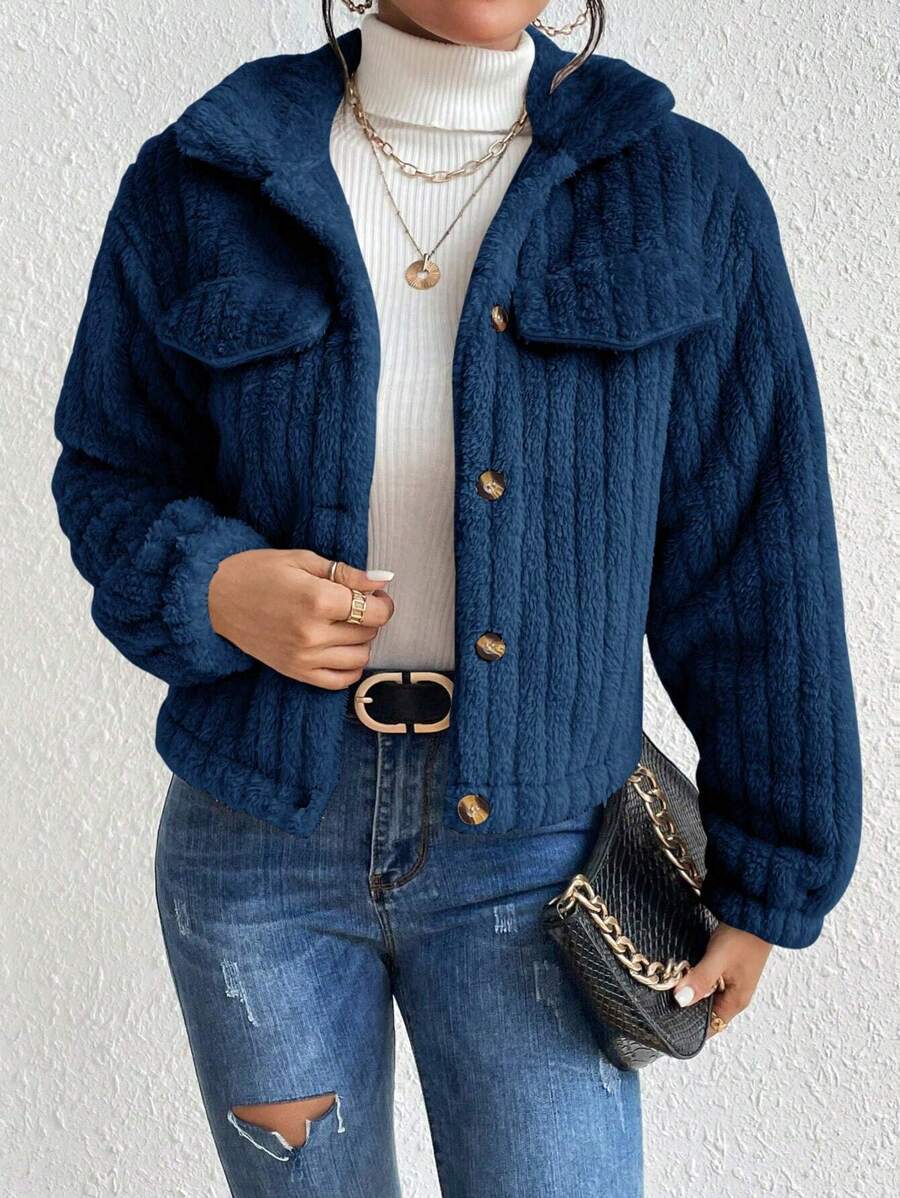 EMERY ROSE Flap Detail Fluffy Jacket Fall Winter Cloth For Women