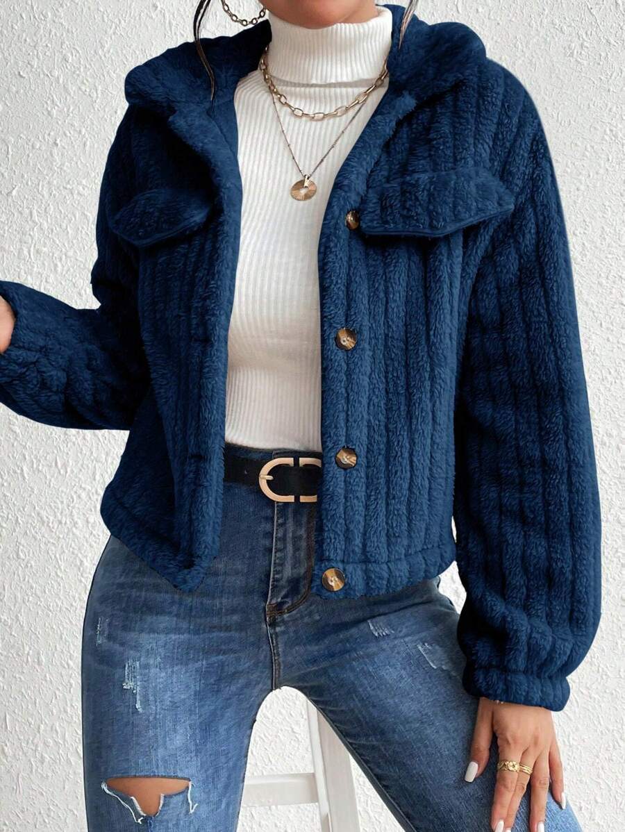 EMERY ROSE Flap Detail Fluffy Jacket Fall Winter Cloth For Women