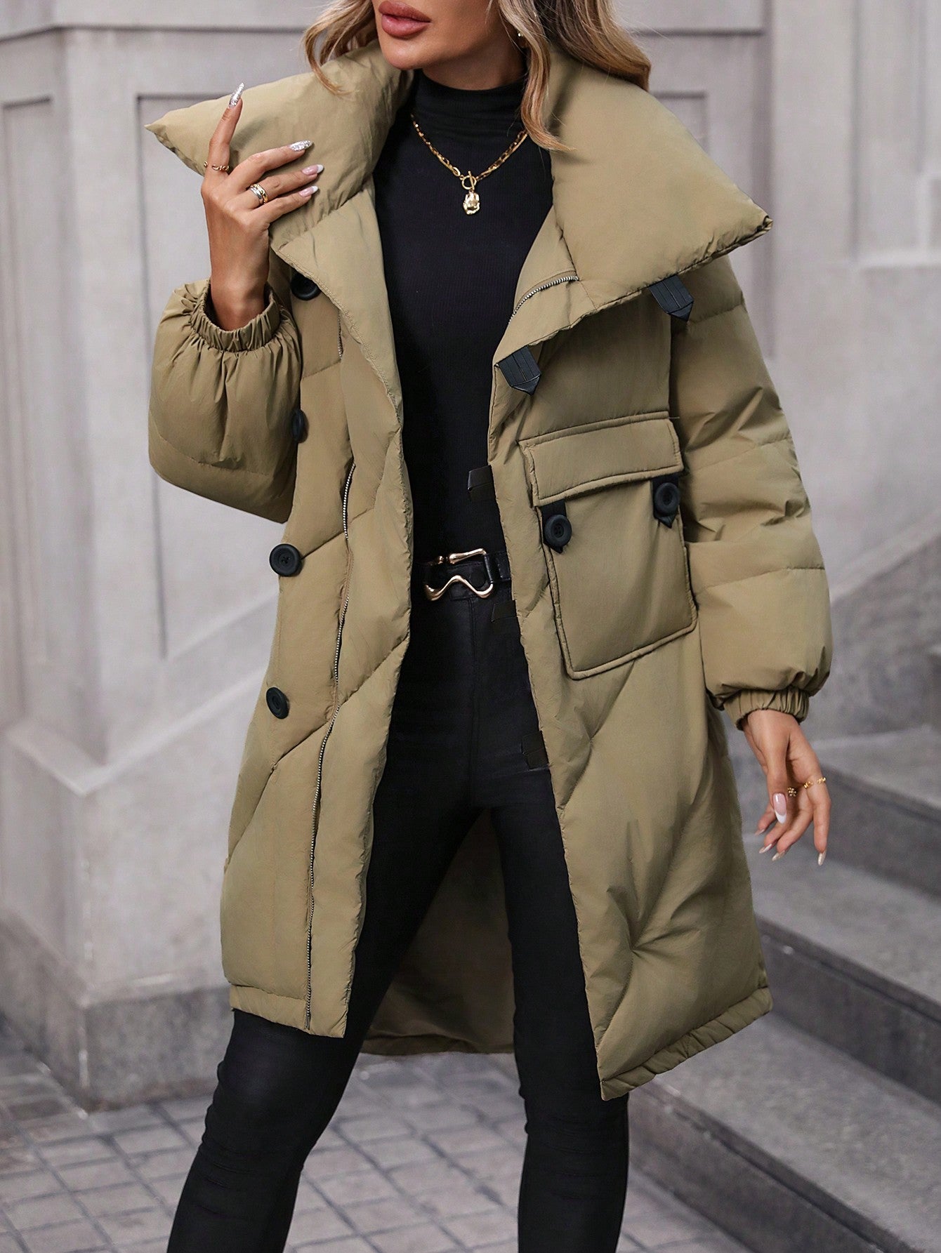 SHEIN LUNE Women's Khaki Oversized Straight Loose Outer Jacket With Collar, Stylish & Lightweight, Winter Fall Cloth For Women