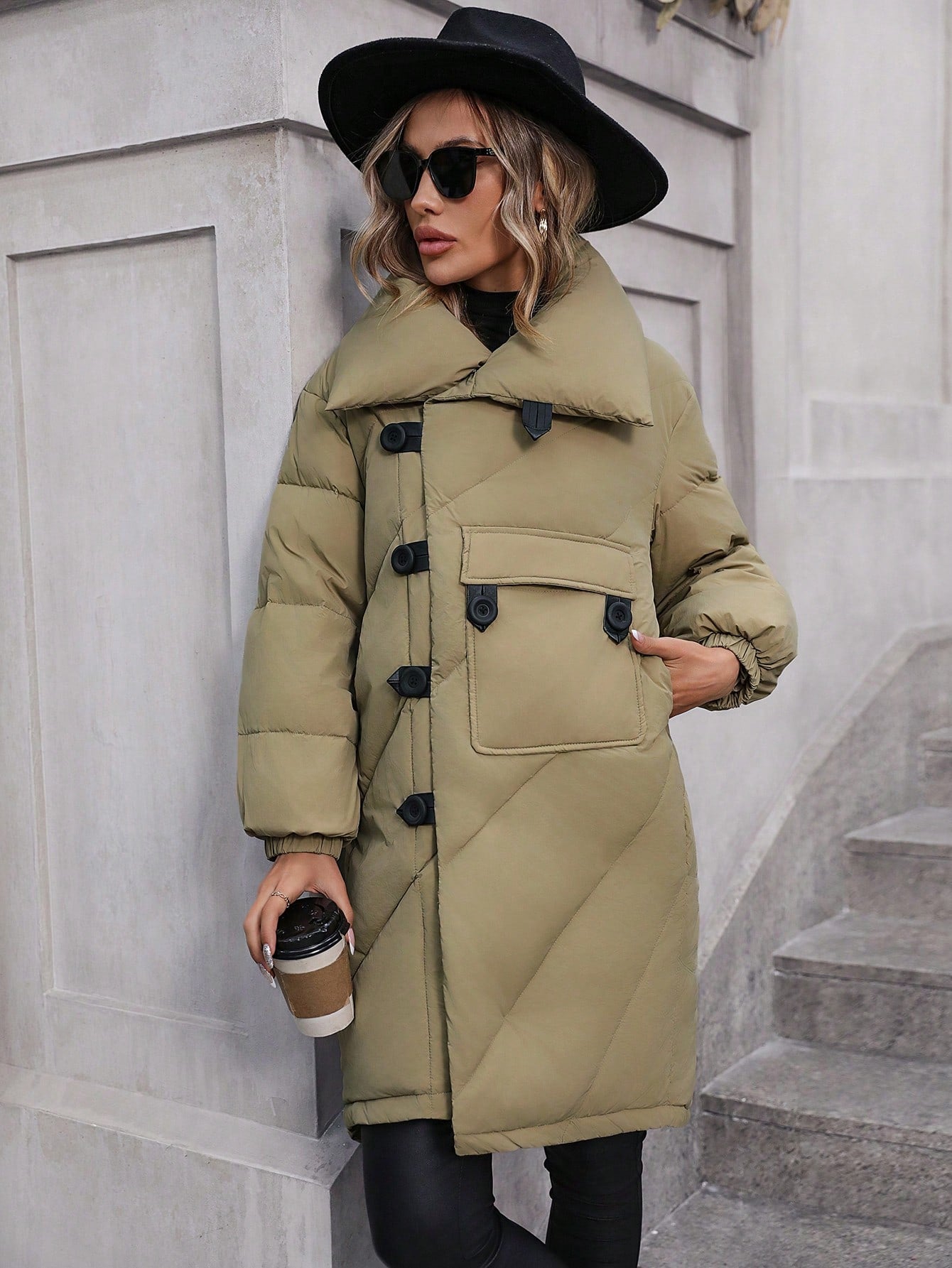 SHEIN LUNE Women's Khaki Oversized Straight Loose Outer Jacket With Collar, Stylish & Lightweight, Winter Fall Cloth For Women
