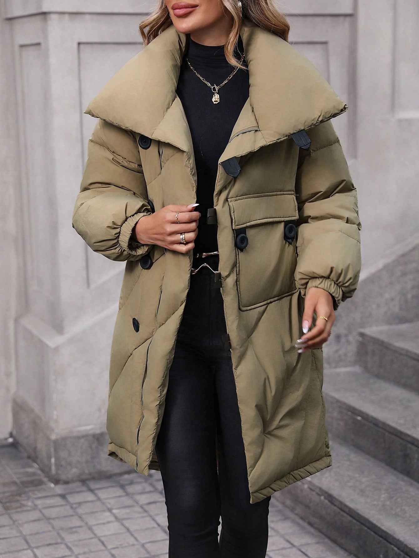 SHEIN LUNE Women's Khaki Oversized Straight Loose Outer Jacket With Collar, Stylish & Lightweight, Winter Fall Cloth For Women