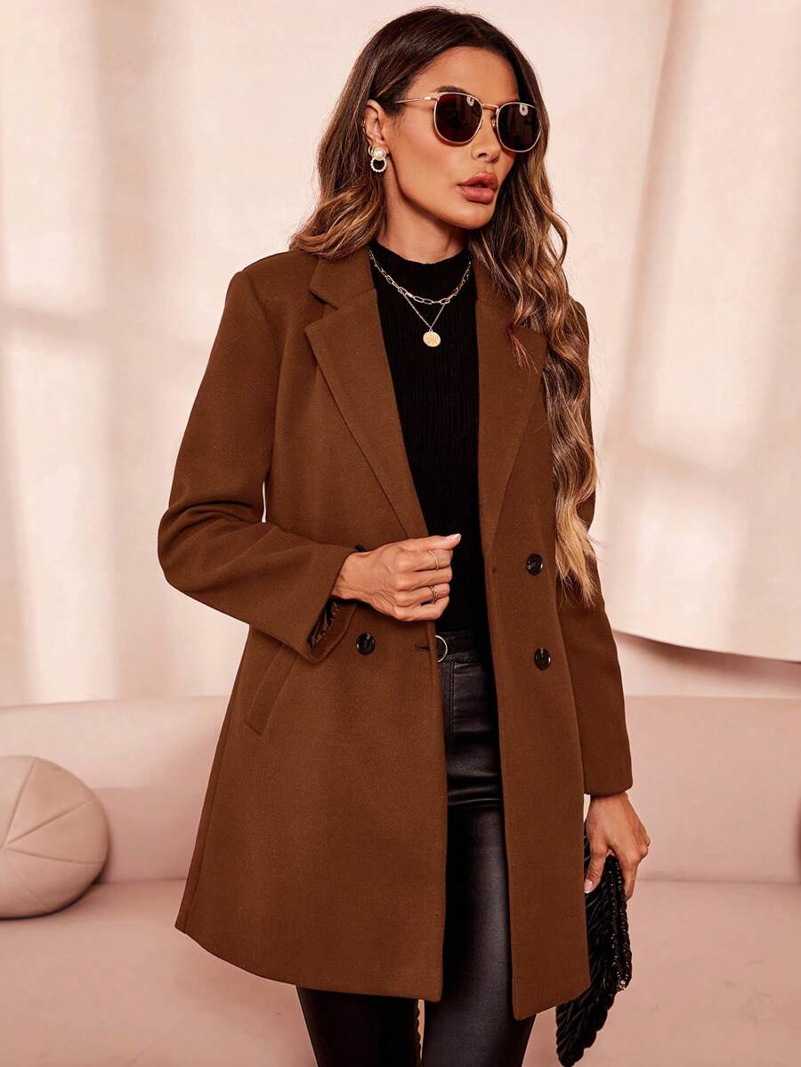Clasi Women's Solid Color Double-Breasted Long Sleeve Woolen Windbreaker, Fashionable For Autumn/Winter