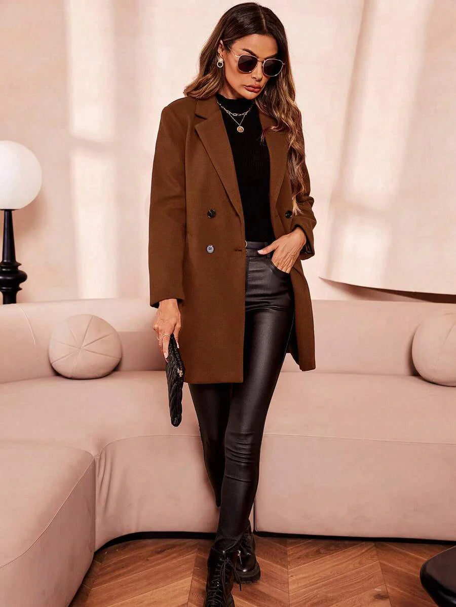 Clasi Women's Solid Color Double-Breasted Long Sleeve Woolen Windbreaker, Fashionable For Autumn/Winter