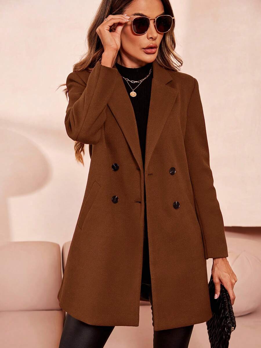Clasi Women's Solid Color Double-Breasted Long Sleeve Woolen Windbreaker, Fashionable For Autumn/Winter