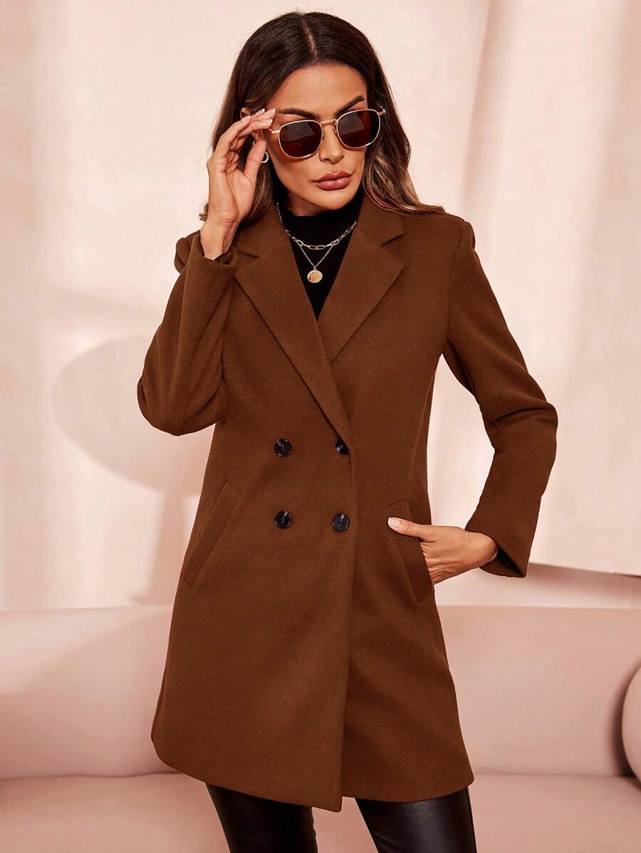 Clasi Women's Solid Color Double-Breasted Long Sleeve Woolen Windbreaker, Fashionable For Autumn/Winter