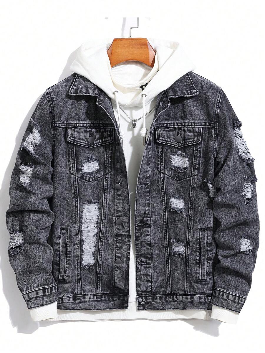 Manfinity Homme Men's Ripped Denim Jacket, Black Jacket for Rapper Going Out Hang Out Commute Work Street, Fall