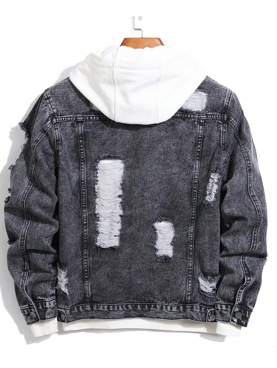 Manfinity Homme Men's Ripped Denim Jacket, Black Jacket for Rapper Going Out Hang Out Commute Work Street, Fall