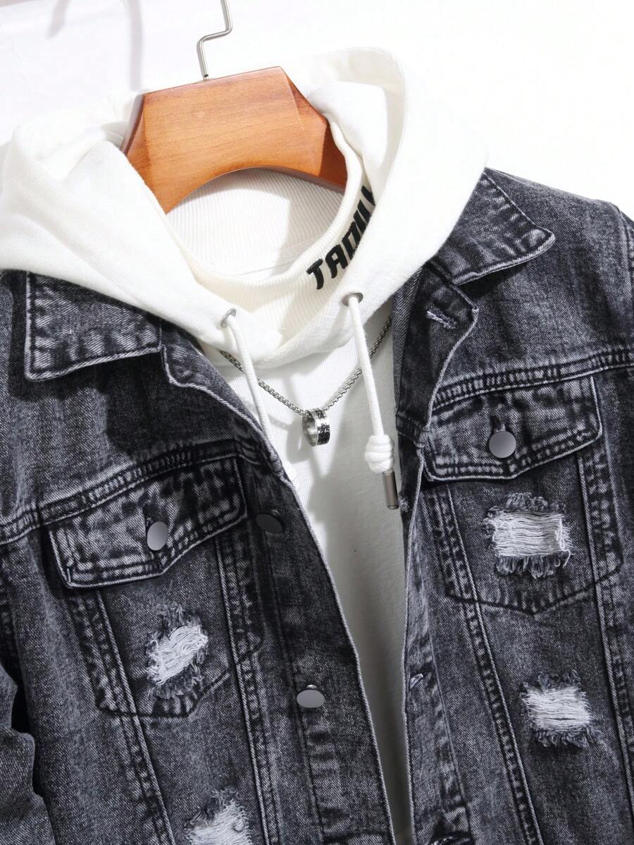 Manfinity Homme Men's Ripped Denim Jacket, Black Jacket for Rapper Going Out Hang Out Commute Work Street, Fall