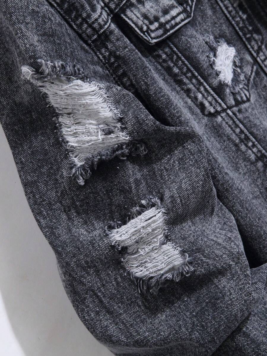 Manfinity Homme Men's Ripped Denim Jacket, Black Jacket for Rapper Going Out Hang Out Commute Work Street, Fall
