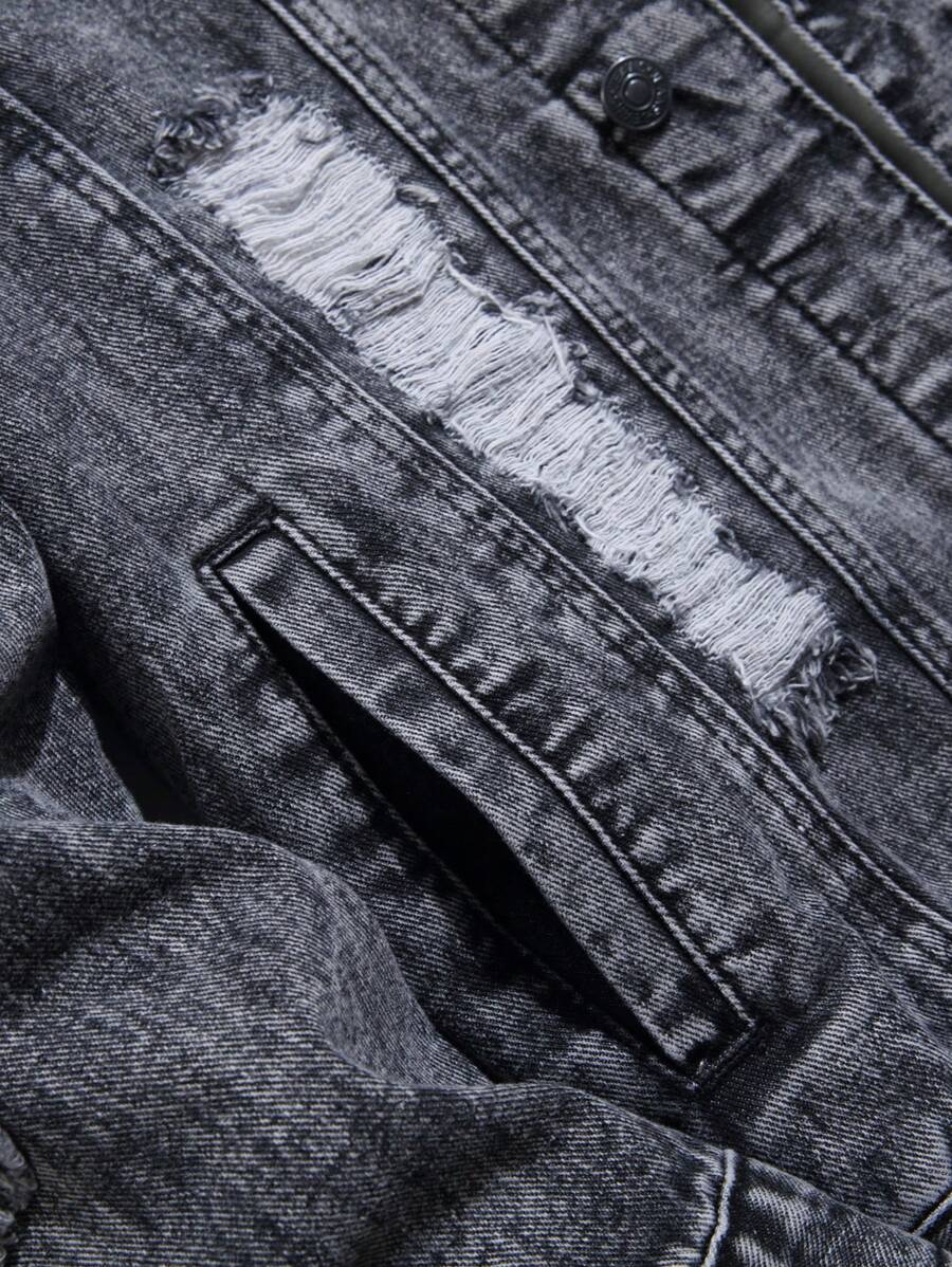 Manfinity Homme Men's Ripped Denim Jacket, Black Jacket for Rapper Going Out Hang Out Commute Work Street, Fall