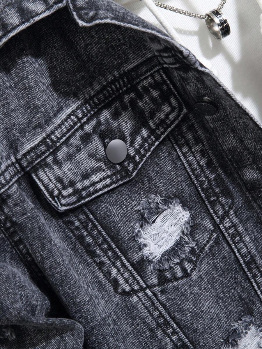 Manfinity Homme Men's Ripped Denim Jacket, Black Jacket for Rapper Going Out Hang Out Commute Work Street, Fall