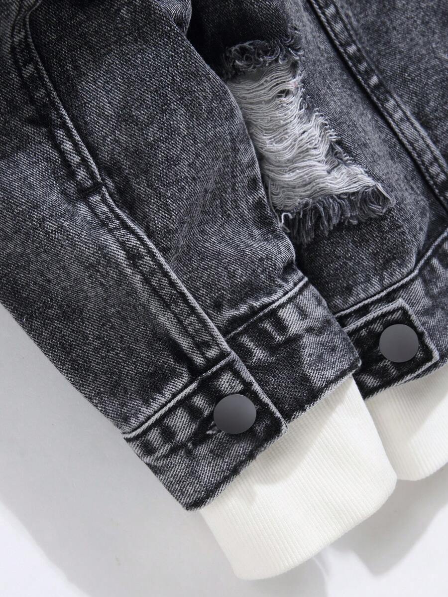 Manfinity Homme Men's Ripped Denim Jacket, Black Jacket for Rapper Going Out Hang Out Commute Work Street, Fall