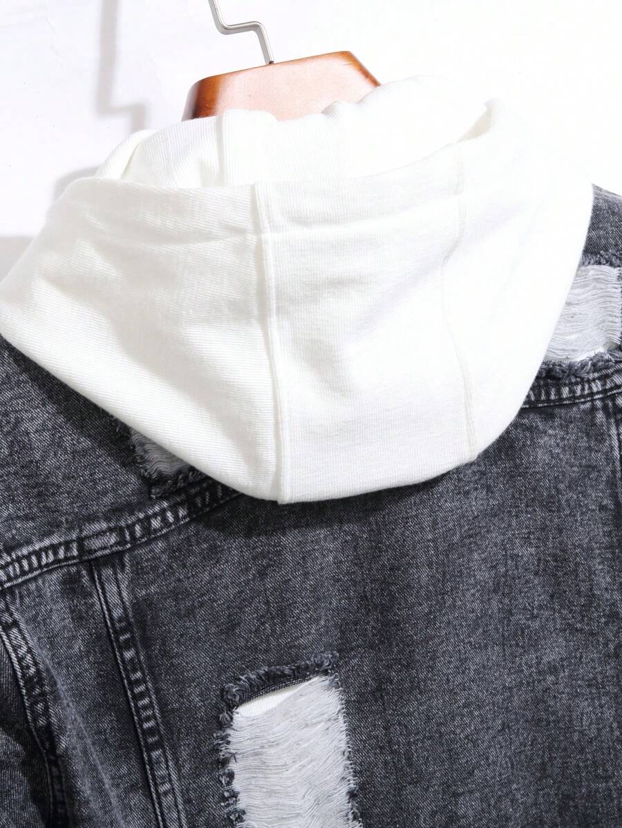 Manfinity Homme Men's Ripped Denim Jacket, Black Jacket for Rapper Going Out Hang Out Commute Work Street, Fall