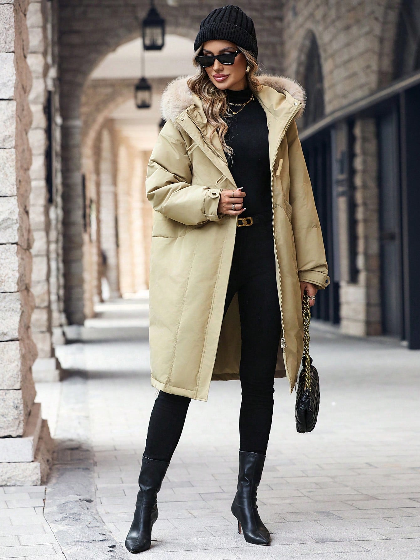 SHEIN LUNE Khaki Hooded Zipper Up Quilted Jacket With Collar Fall Cloth For Women