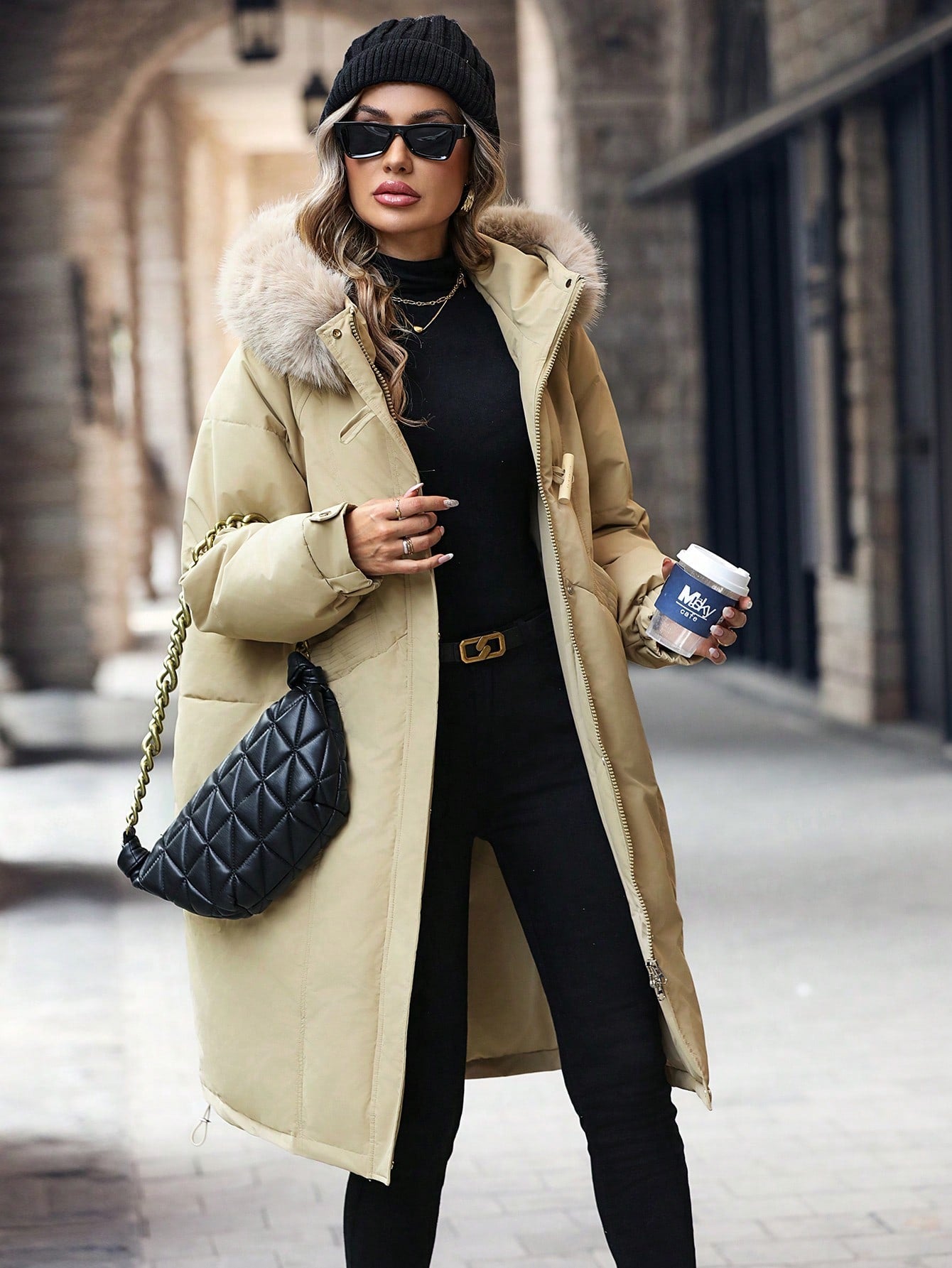 SHEIN LUNE Khaki Hooded Zipper Up Quilted Jacket With Collar Fall Cloth For Women