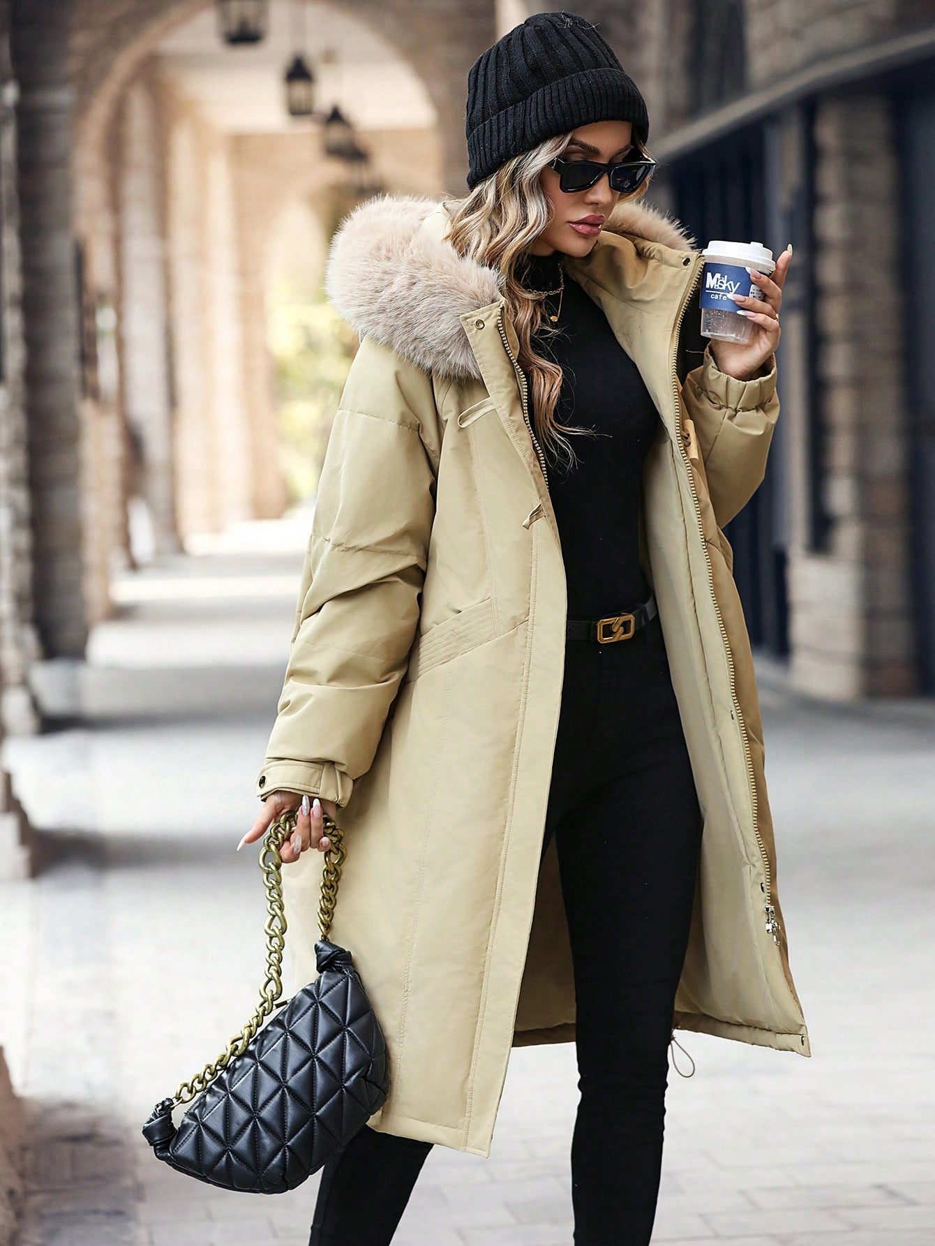 SHEIN LUNE Khaki Hooded Zipper Up Quilted Jacket With Collar Fall Cloth For Women