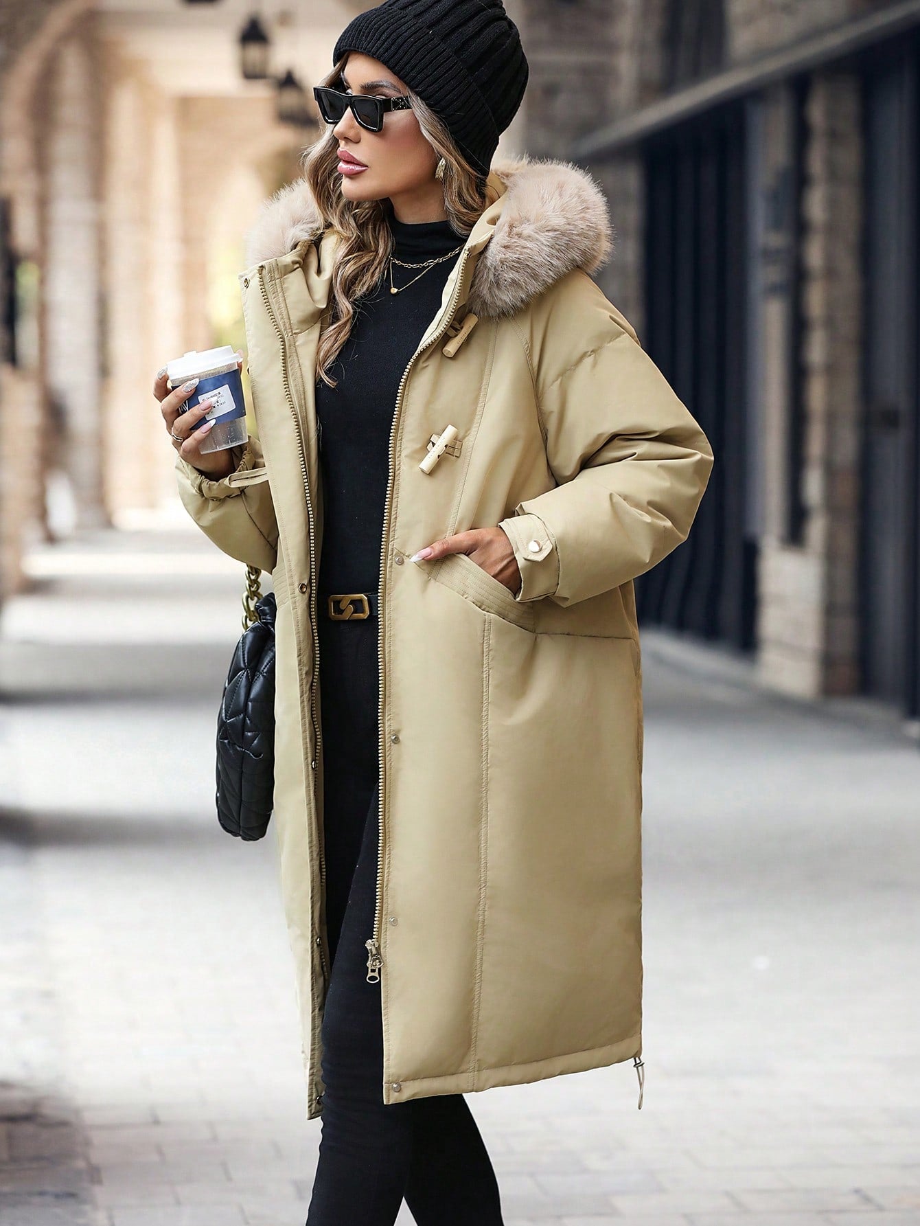 SHEIN LUNE Khaki Hooded Zipper Up Quilted Jacket With Collar Fall Cloth For Women