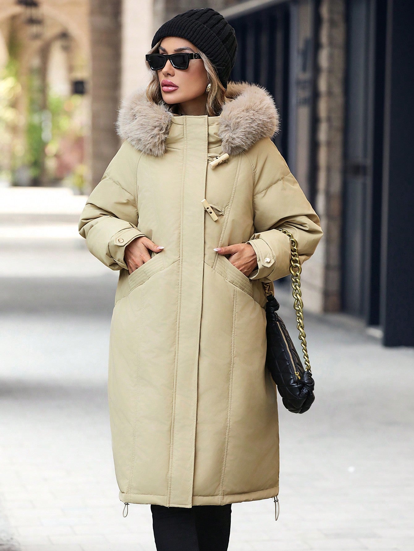 SHEIN LUNE Khaki Hooded Zipper Up Quilted Jacket With Collar Fall Cloth For Women