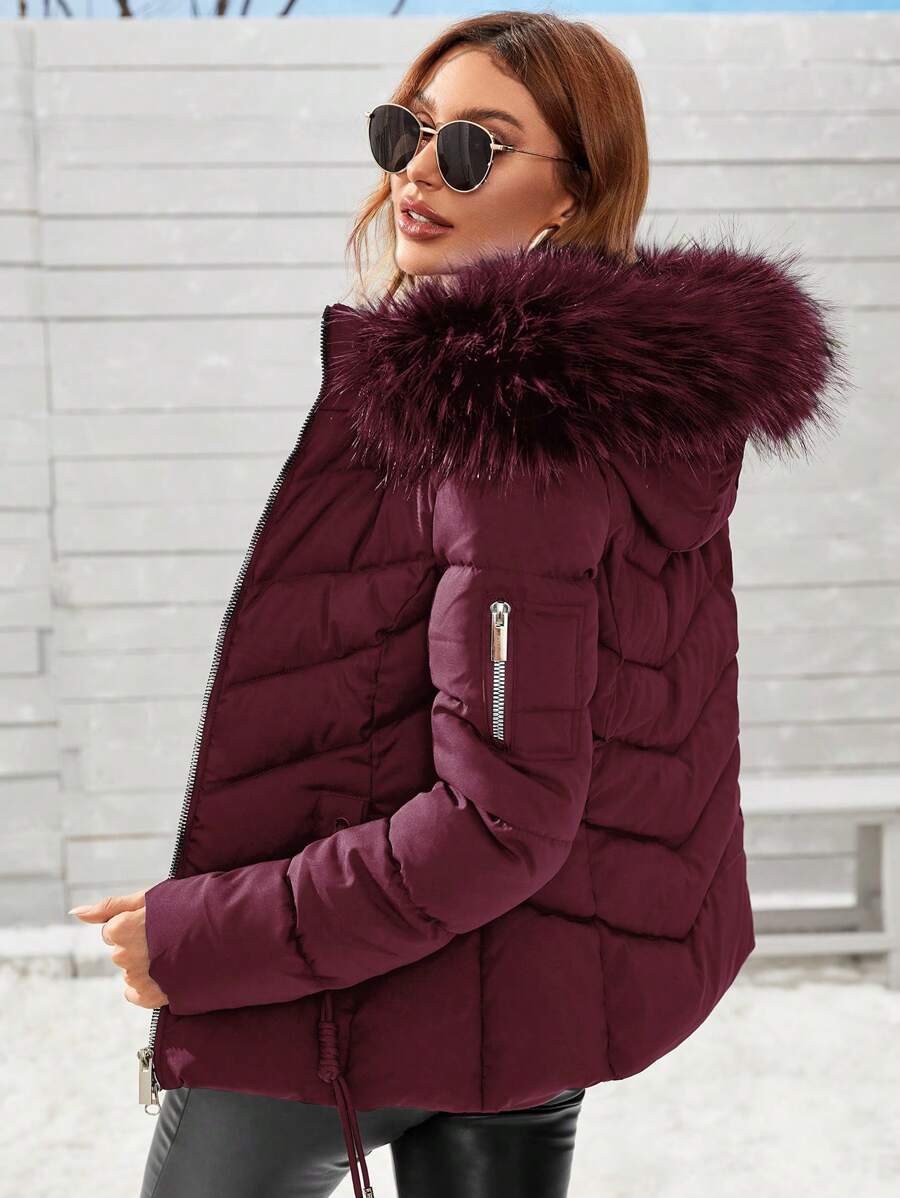Anewsta Women's Solid Color Long Sleeve Zipper Collar Patchwork Fuzzy Hooded Padded Coat, Winter