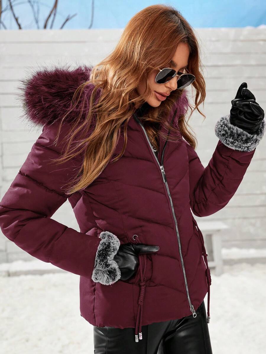 Anewsta Women's Solid Color Long Sleeve Zipper Collar Patchwork Fuzzy Hooded Padded Coat, Winter