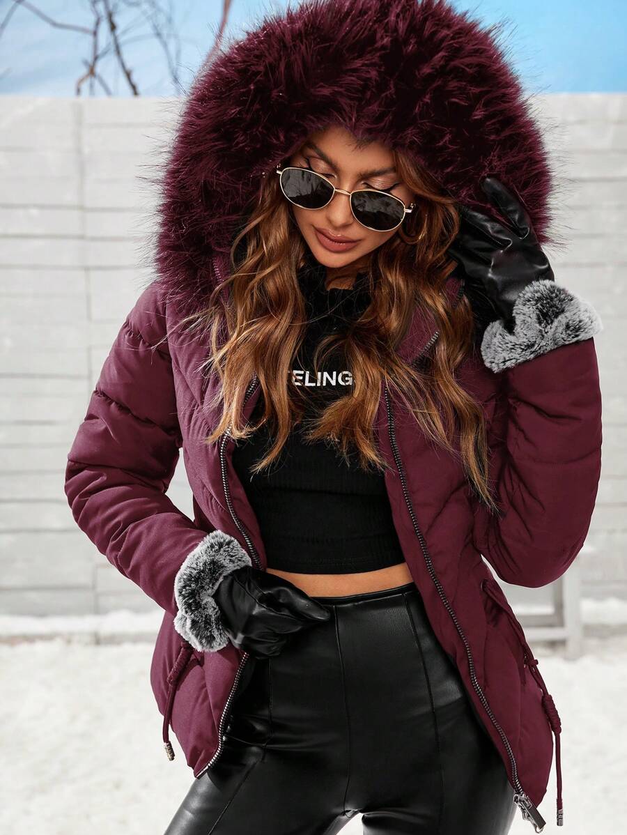 Anewsta Women's Solid Color Long Sleeve Zipper Collar Patchwork Fuzzy Hooded Padded Coat, Winter