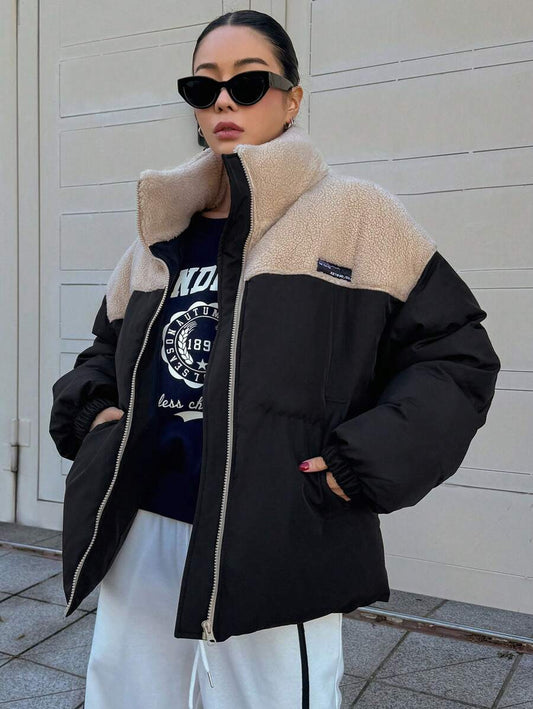 DAZY Women's Plaid Patchwork Plush Padded Coat, Winter Women Clothes, Padded Coat Women Jacket