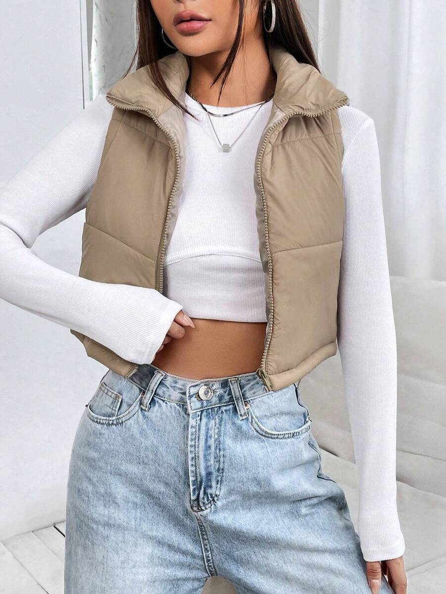 PETITE Short Solid Color Stand Collar Sleeveless Padded Coat, Ladies Late Fall Casual Zipper Collar Regular Fit Khaki Plain Women Padded Coats, Winter Warmth/ Winter Fashion