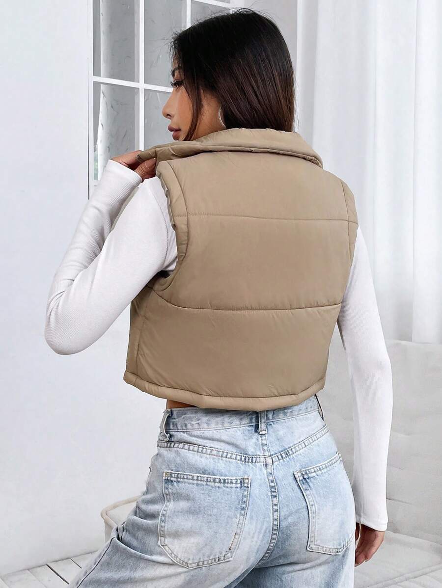 PETITE Short Solid Color Stand Collar Sleeveless Padded Coat, Ladies Late Fall Casual Zipper Collar Regular Fit Khaki Plain Women Padded Coats, Winter Warmth/ Winter Fashion