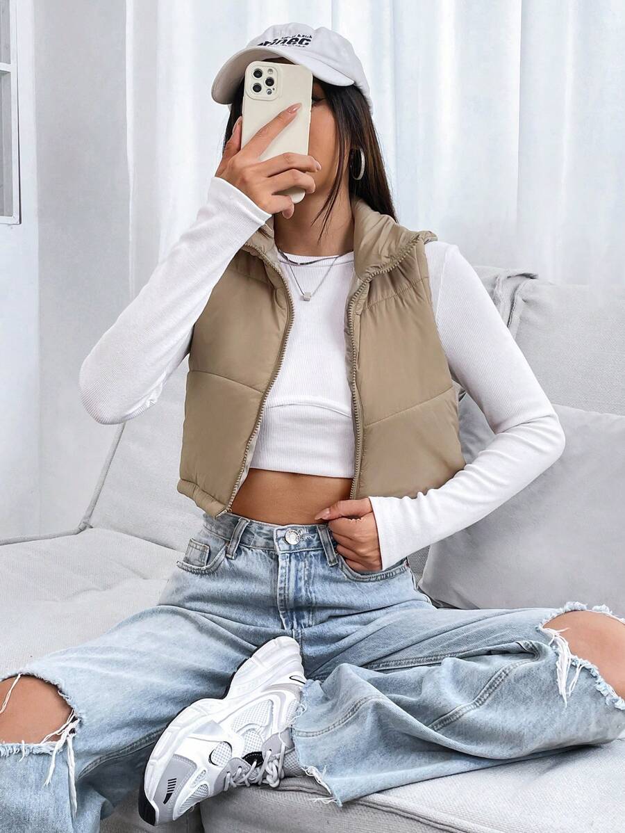 PETITE Short Solid Color Stand Collar Sleeveless Padded Coat, Ladies Late Fall Casual Zipper Collar Regular Fit Khaki Plain Women Padded Coats, Winter Warmth/ Winter Fashion