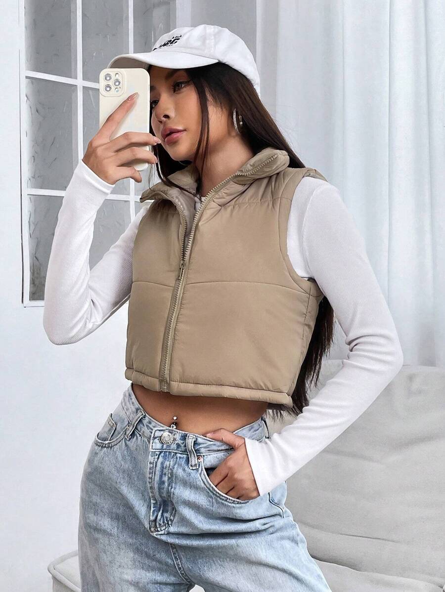 PETITE Short Solid Color Stand Collar Sleeveless Padded Coat, Ladies Late Fall Casual Zipper Collar Regular Fit Khaki Plain Women Padded Coats, Winter Warmth/ Winter Fashion