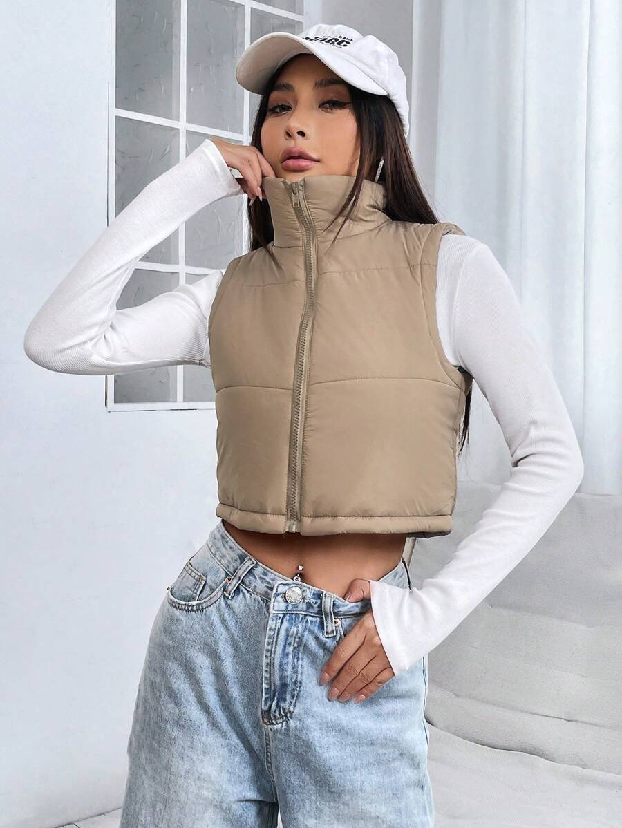 PETITE Short Solid Color Stand Collar Sleeveless Padded Coat, Ladies Late Fall Casual Zipper Collar Regular Fit Khaki Plain Women Padded Coats, Winter Warmth/ Winter Fashion