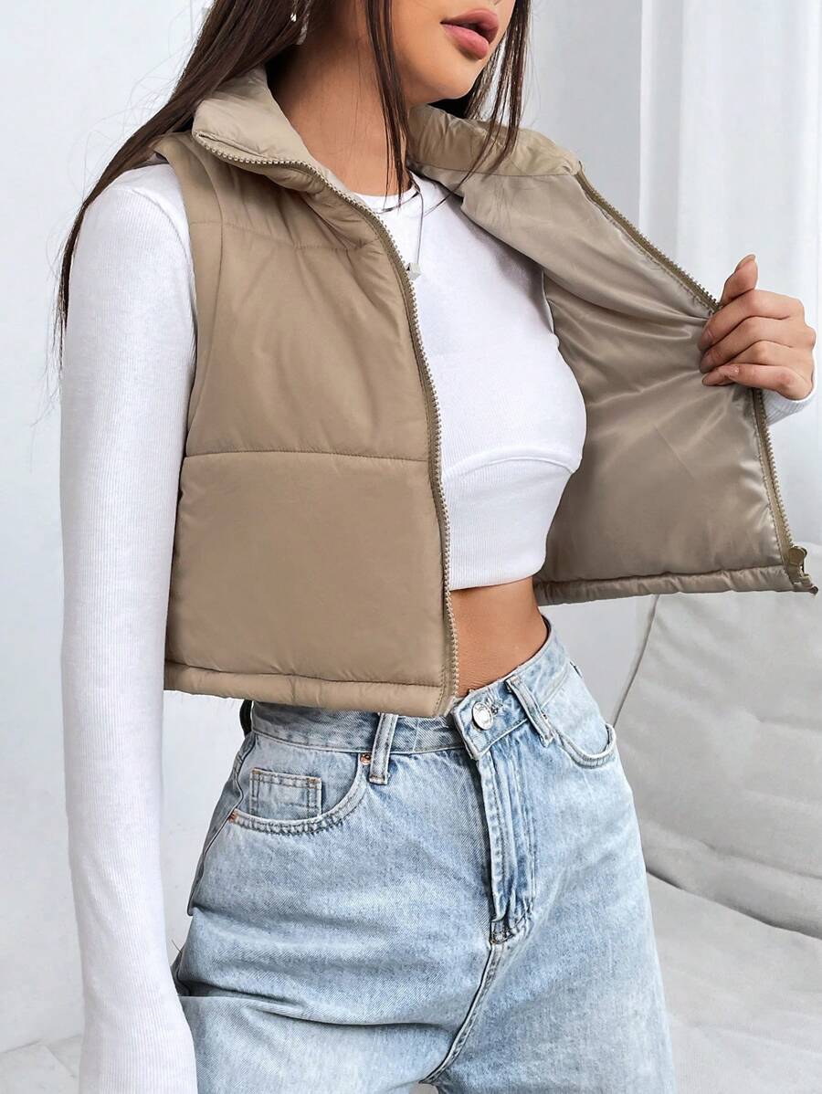PETITE Short Solid Color Stand Collar Sleeveless Padded Coat, Ladies Late Fall Casual Zipper Collar Regular Fit Khaki Plain Women Padded Coats, Winter Warmth/ Winter Fashion