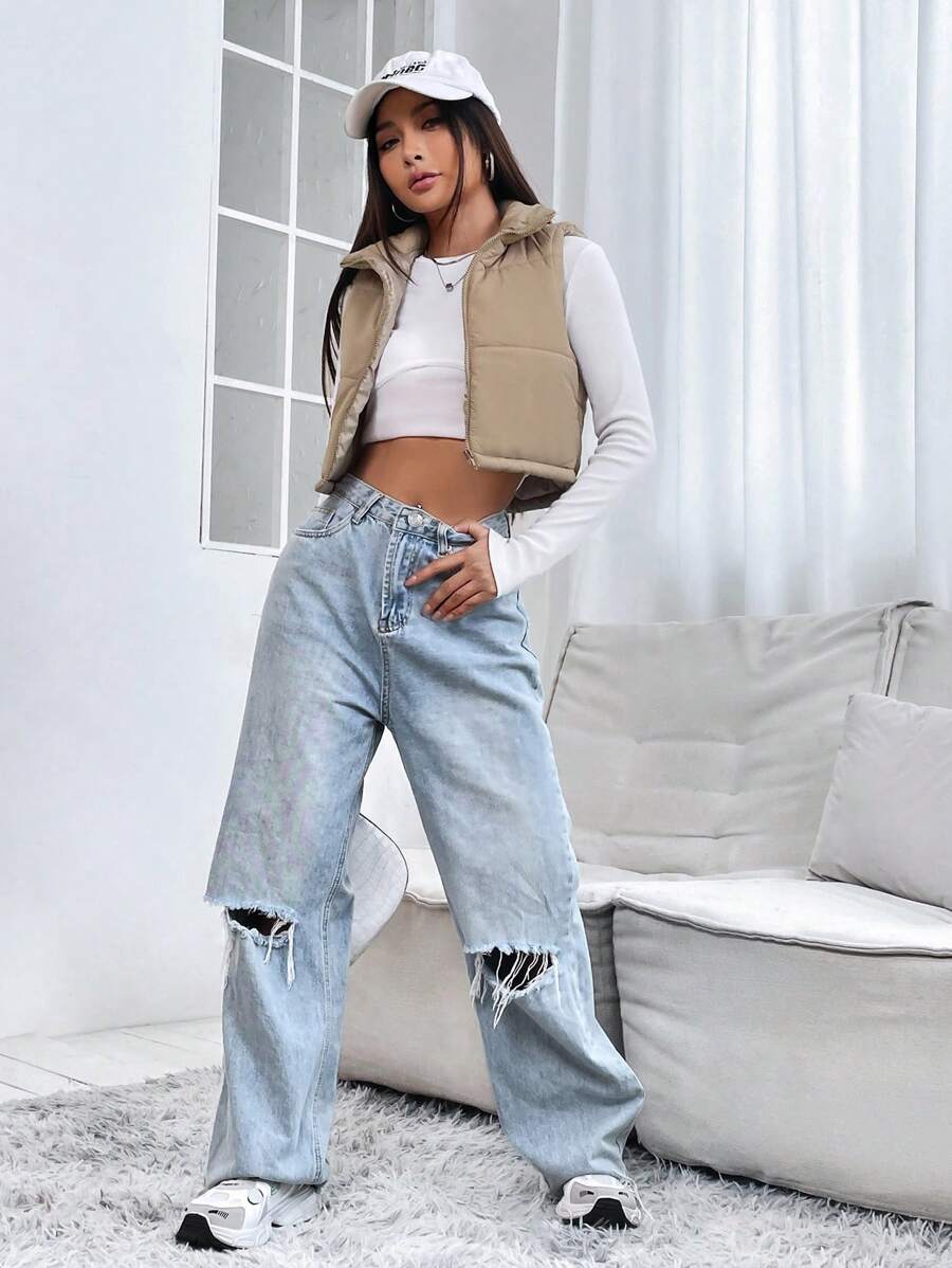 PETITE Short Solid Color Stand Collar Sleeveless Padded Coat, Ladies Late Fall Casual Zipper Collar Regular Fit Khaki Plain Women Padded Coats, Winter Warmth/ Winter Fashion