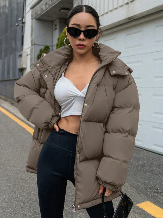 DAZY Women's Zipper Stand Collar Hooded Padded Coat, Ladies Winter Casual Button Front, Pocket, Zipper Regular Sleeve Hooded Oversized Coffee Brown Plain Women Padded Coats, Winter Warmth/ Winter Fashion ,Winter Women Clothes,Winter Coat Women Jacket