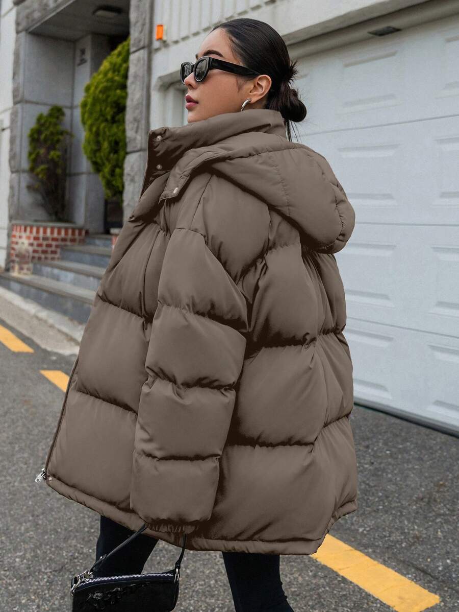 DAZY Women's Zipper Stand Collar Hooded Padded Coat, Ladies Winter Casual Button Front, Pocket, Zipper Regular Sleeve Hooded Oversized Coffee Brown Plain Women Padded Coats, Winter Warmth/ Winter Fashion ,Winter Women Clothes,Winter Coat Women Jacket