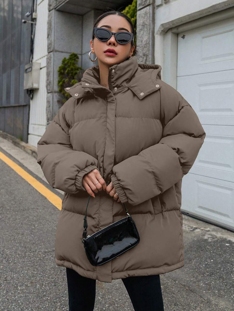 DAZY Women's Zipper Stand Collar Hooded Padded Coat, Ladies Winter Casual Button Front, Pocket, Zipper Regular Sleeve Hooded Oversized Coffee Brown Plain Women Padded Coats, Winter Warmth/ Winter Fashion ,Winter Women Clothes,Winter Coat Women Jacket