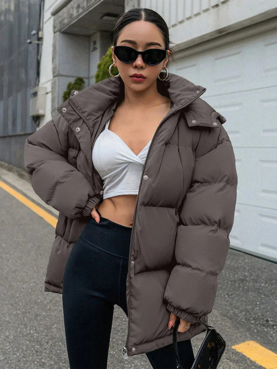 DAZY Women's Zipper Stand Collar Hooded Padded Coat, Ladies Winter Casual Button Front, Pocket, Zipper Regular Sleeve Hooded Oversized Coffee Brown Plain Women Padded Coats, Winter Warmth/ Winter Fashion ,Winter Women Clothes,Winter Coat Women Jacket